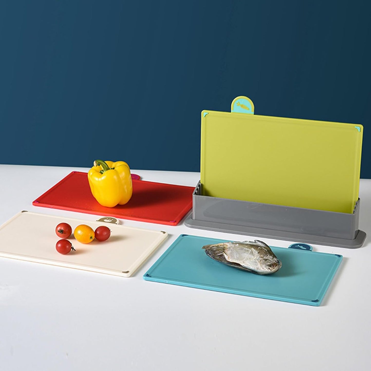 generic Chopping Board Set, Index Plastic Cutting Boards with Food Icon, Set of 4 Coloured Chopping Mats with Storage Stand for Kitchen Meat Fish Vegetables (Blue Chopping Board Set), 23.5cm x 30cm