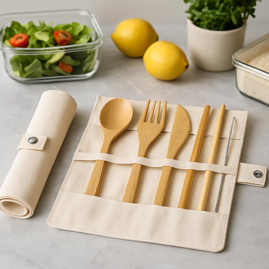 Bamboo Utensil Set with Case – Reusable Travel Cutlery & Portable Flatware Kit with Wooden Fork, Spoon, Knife, Chopsticks, Straw – Zero Waste Lunch Box Essentials for Work, Camping, Picnic