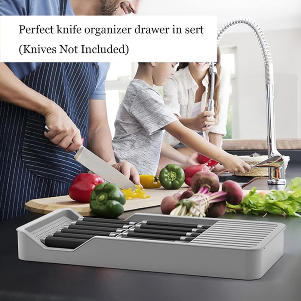 Knife Holder, in Drawer Knife Block Holder with Expandable Cutlery Tray Kitchen Drawer Organizer Insert-Holds 11 Knive