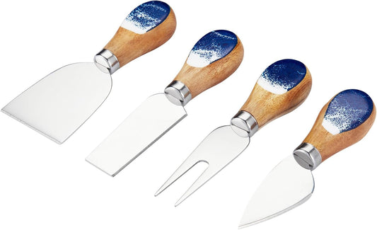 Cheese Knives Set with Wooden and Resin Handle, Mini Steel Stainless Cheese Knife Set for Charcuterie and Cheese Spread, Perfect for Cheese Slicer and Butter Cutter (Blue, 4pcs)