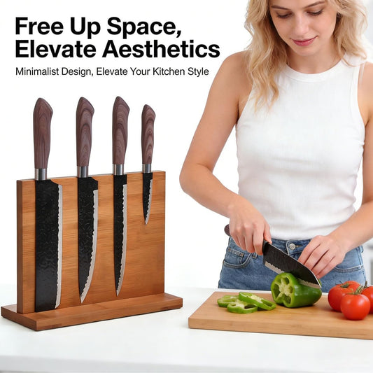 Bamboo magnetic knife holder - Double-Sided magnetic knife block with Strong Magnets, Space-Saving knife magnetic strip for Kitchen Countertop, Multipurpose knife organizer