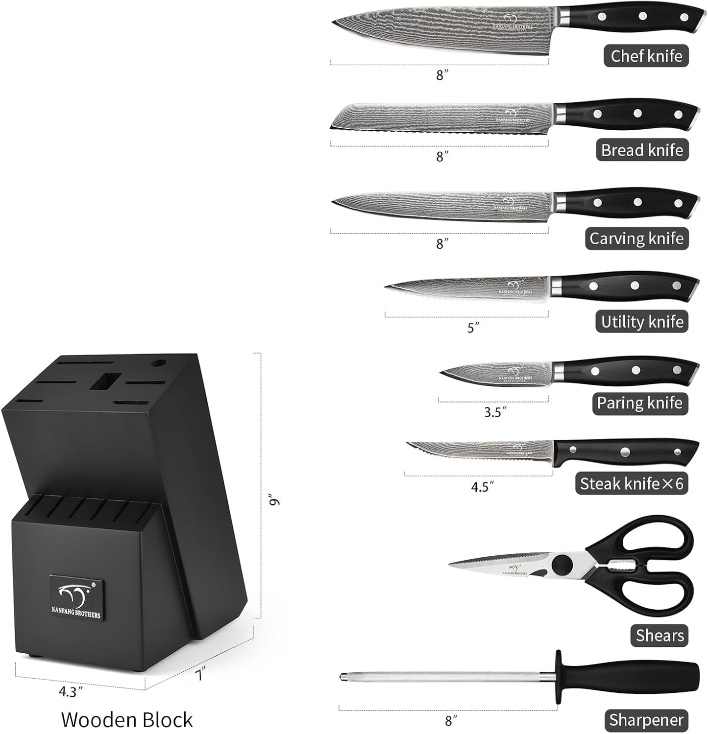 18 Pieces Damascus Kitchen Knife Set, 8 Piece Steak Knives, Non-slip ABS Ergonomic Triple Rivet Handle for Meat Fork, Knife Sharpener and Shears, 17 Slots Fraxinus Manchuria Knife Block (Grey)