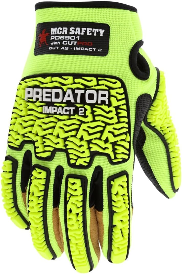 MCR Safety PD6901L Predator Hi-Visibility Mechanics Impact and Cut Resistant Work Gloves with MAXGrid Pattern Palm for Dry/Wet/Oily Grip, Tire Tread TPR on Back/Fingers/Thumb, Lime, Large