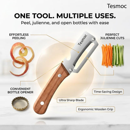 Multifunctional Vegetable Peeler for Kitchen, 2 Pack Stainless Steel Veggie Peeler Knife with Wooden Handle & Bottle Opener for Potato, Cucumber, Orange, Pineapple (2)