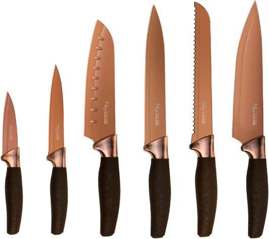 NE8807 7 Piece Titanium-Coated Knife Set with Invisible Wood Block, Bronze