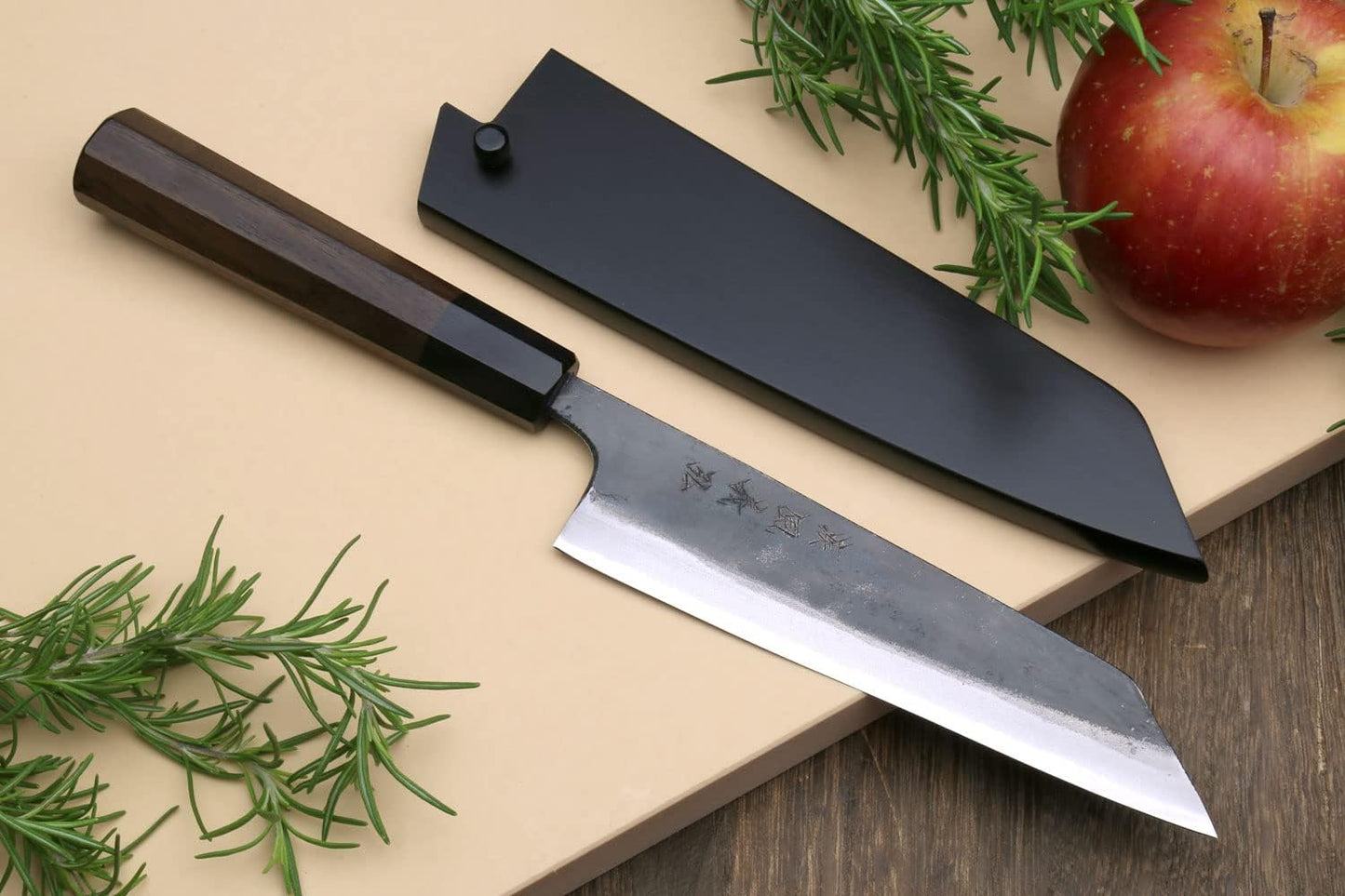 Yoshihiro Mizu Yaki Blue High Carbon Steel #1 Black Forged Petty Kiritsuke Japanese Utility Knife Shitan Handle (6'' (150mm) & Saya)