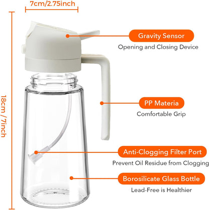 YARRAMATE 16oz/470ml Glass Olive Oil Sprayer for Cooking with Stickers, 2 in 1 Oil Dispenser for Kitchen Gadgets, Food Grade Premium Spray Bottle for Salad, Frying, BBQ (Creamy White)