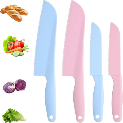 4 Pack Lettuce Knife 11/8.5" Plastic Cake Knifes to Prevent Browning Serrated Kitchen Cutter for Cutting Fruits, Cakes and Bread Dishwashable Safe for Kids Nylon Cutters for Nonstick Pans (Blue, S&L)