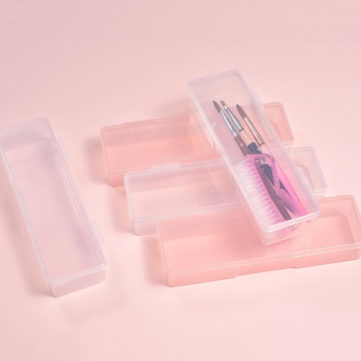 4Pcs Transparent Storage Boxes For Nail Tool Professional Pedicure Manicure Tools Set Plastic Nail Art Tool Box Storage Case Nail Supplies, Pink