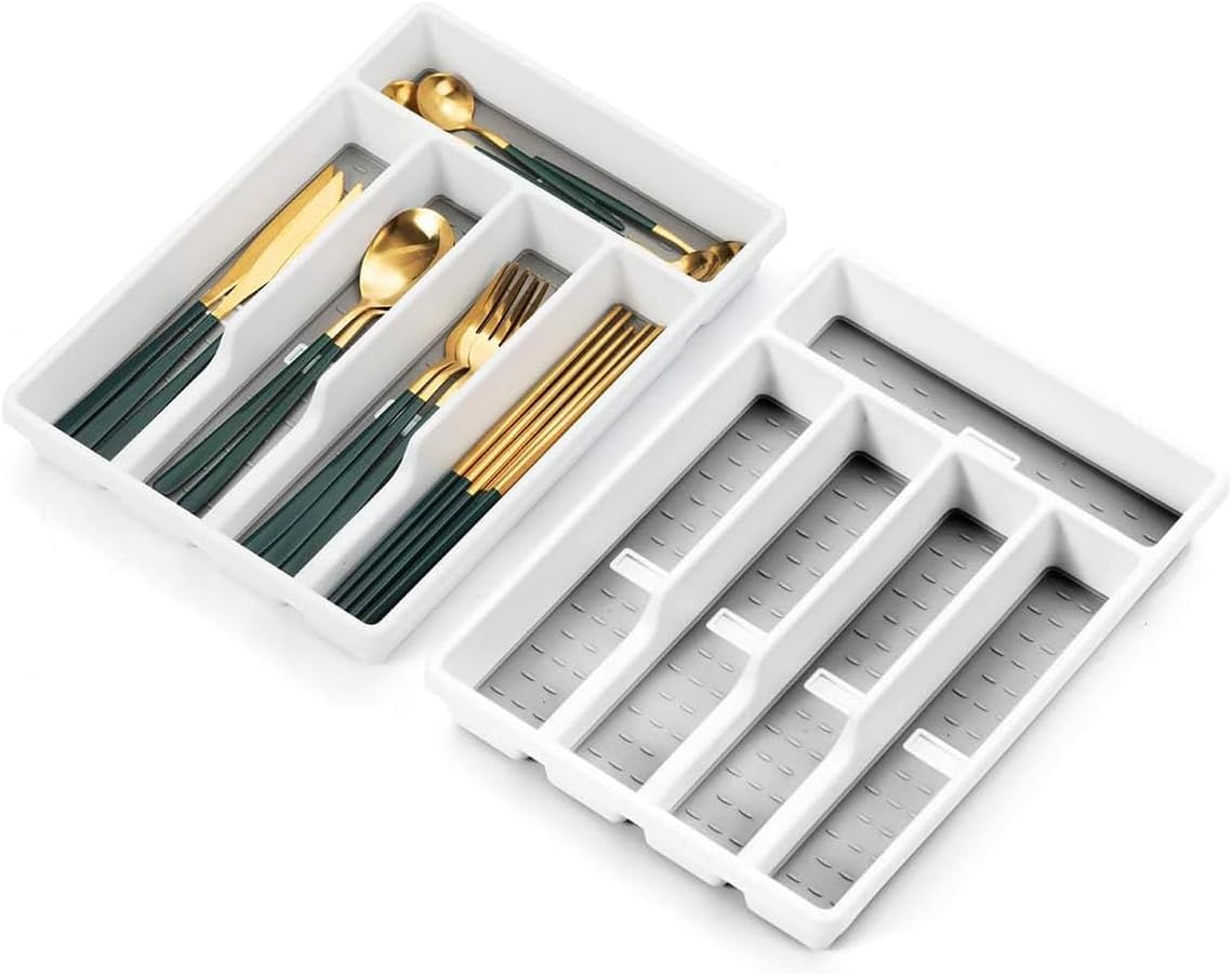 Cutesun Silverware Organizer for Drawer, Desktop Plastic Kitchen Storage, Cutlery Storage for Kitchen Drawer, Flatware and Utensil Holder Divider for Spoons Forks Knives Tableware, 5 Compartment, Gray