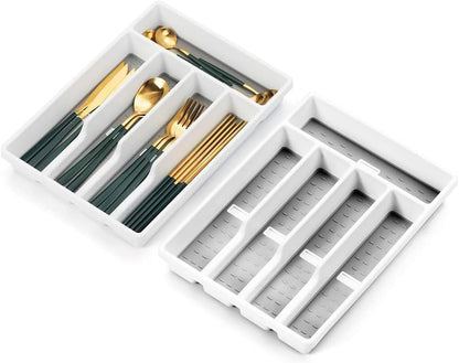 Cutesun Silverware Organizer for Drawer, Desktop Plastic Kitchen Storage, Cutlery Storage for Kitchen Drawer, Flatware and Utensil Holder Divider for Spoons Forks Knives Tableware, 5 Compartment, Gray