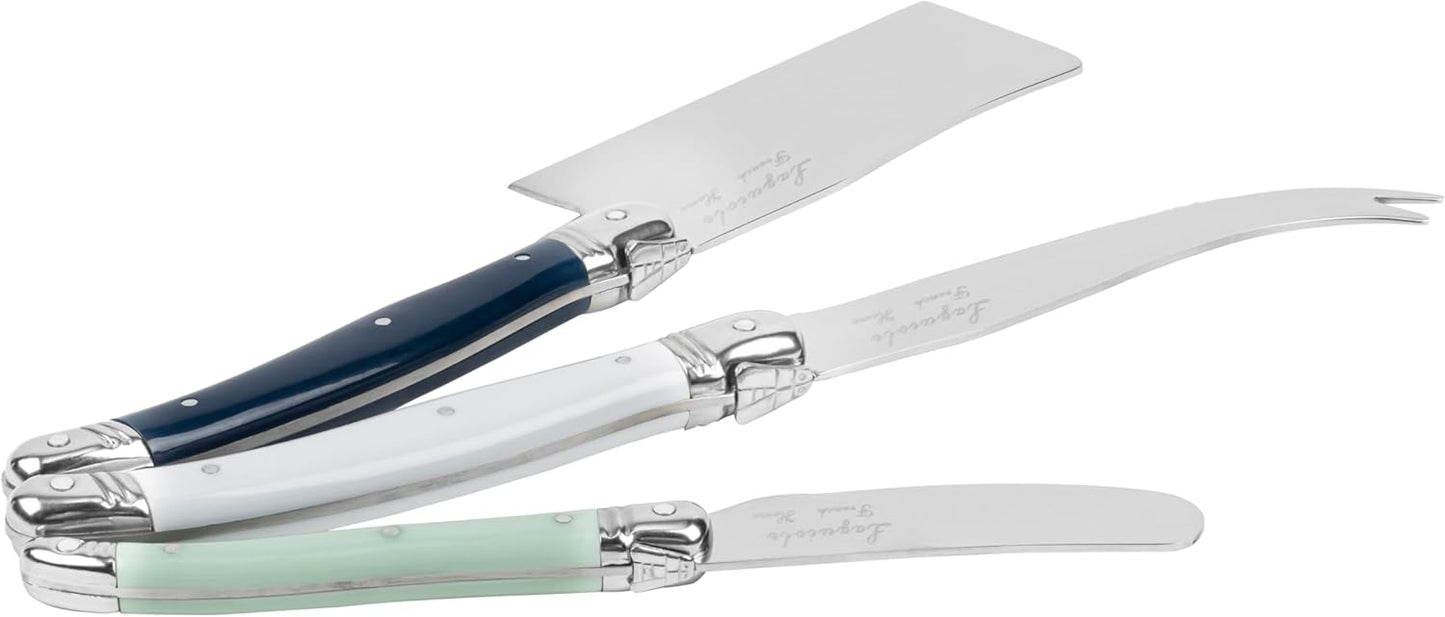 Laguiole Cheese Knife Set of 3 – Charcuterie Accessories w/Faux Ivory Handles – Includes 6.25" Cheese Spreader, 9.25" Spear & 8.5" Cleaver Knife