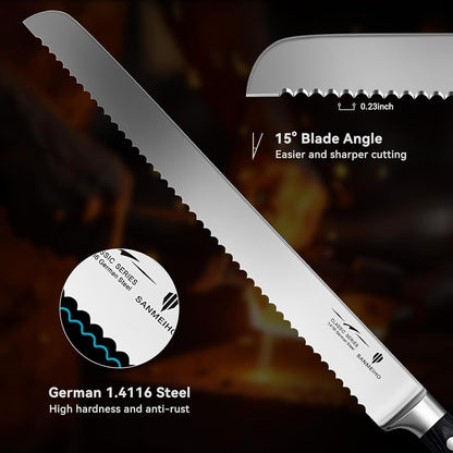 10" Bread Knife - Sourdough Slicing Knife Professional 5Cr15MoV Stainless Steel Serrated Knives, Ergonomic Wood Handle & Full Tang Design, Gift Box Included (Single-Edge