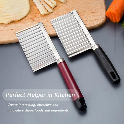 Crinkle Cutter Knife Stainless Steel Cutting Tool for Potato Carrot Chip Vegetable French Fry, Wavy Chopper Wave Slicer Steel Blade, Kids Lunch Accessories (Black Handle)