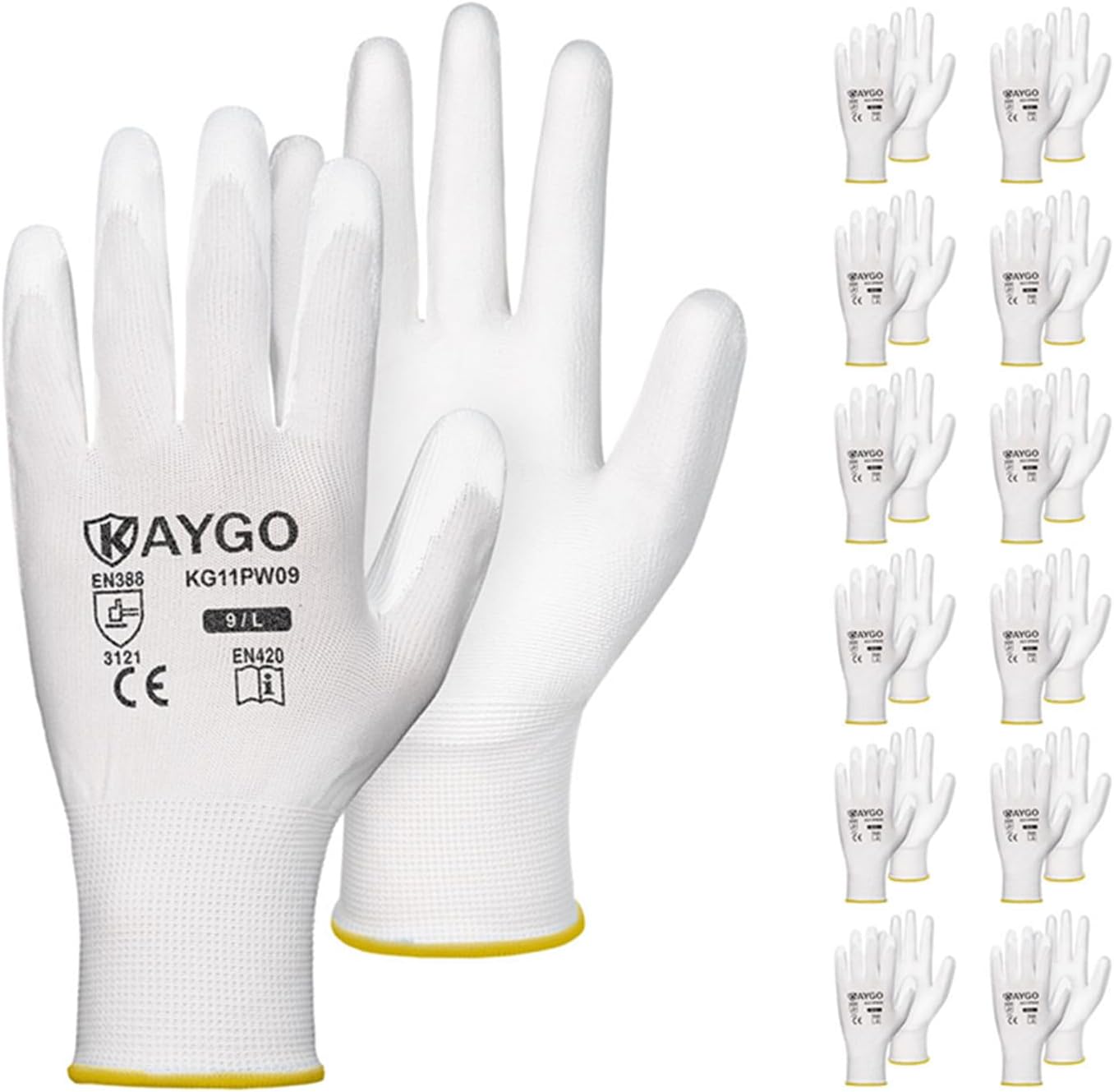KAYGO Work Gloves for Men and Women,12 Pairs Seamless Knit PU Coated Safety Gloves, with Smooth Grip on Palm and Fingers, Ideal for Light Warehouse, Manufacturing, Gardening, KG11P (M, Black)