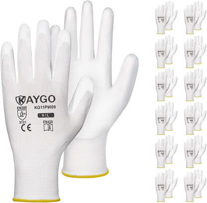 KAYGO Work Gloves for Men and Women,12 Pairs Seamless Knit PU Coated Safety Gloves, with Smooth Grip on Palm and Fingers, Ideal for Light Warehouse, Manufacturing, Gardening, KG11P (M, Black)