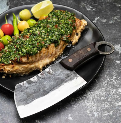 COOLINA Daozi 8" Butcher Knife, Hand-Forged High-Carbon Steel Cleaver for Heavy-Duty Meat Cutting, Slicing, Chopping, Brisket & BBQ, Full-Tang Forged Blade with Ergonomic Wood Handle