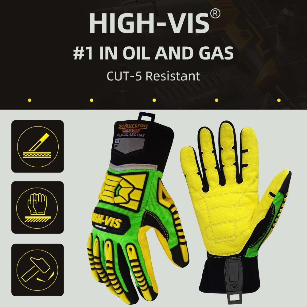 Seibertron High-Vis Series Cut Resistant Reducing Anti-Impact Mechanics Heavy Duty Safety Rescue Oil and Gas Gloves