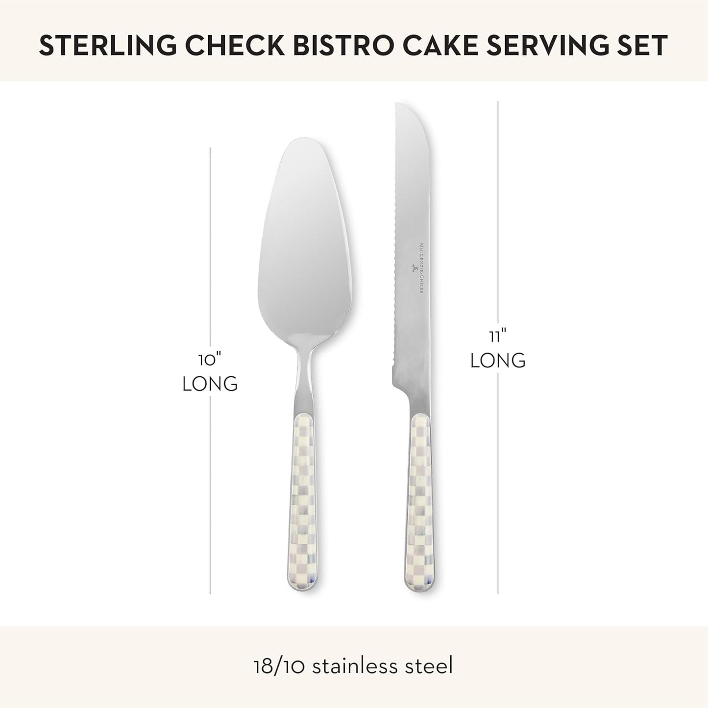 MACKENZIE-CHILDS 2-Piece Bistro Cake Serving Set, Stainless-Steel Cake Spatula and Knife, Gray-and-White Sterling Check