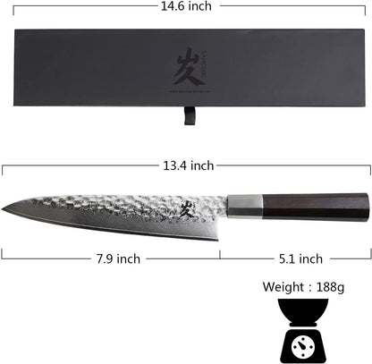SAMCOOK Japanese Chef Knife - 8 Inch Professional Hammered Finish Damascus Gyuto Knife,VG10 Damascus High Carbon Steel Kitchen Cooking knife,Ergonomic Octagonal Ebony Handle with Gift Box