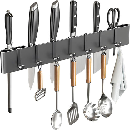 Knife Holder for Wall Mount-Knife Strips with Hooks Stainless Steel Wall Knife Rack-Knife Block-Knife Rack-Utensil Hanger-Kitchen Utensil Holder (Black, 50 CM+9 Hooks)
