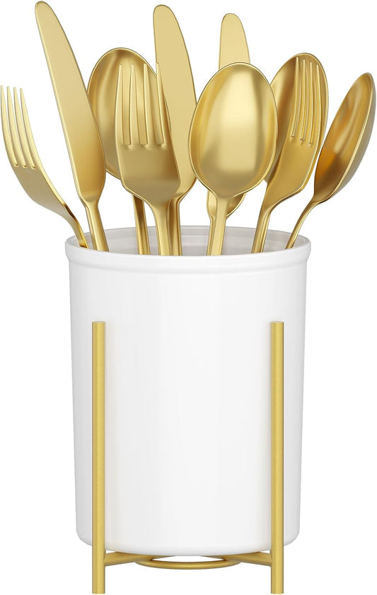Lifewit Plastic Silverware Holder for Kitchen Countertop, Cutlery Flatware Caddy with Metal Bracket, Utensil Spoon Fork knives Organizer for Party Picnic, Gold, 3 Pack
