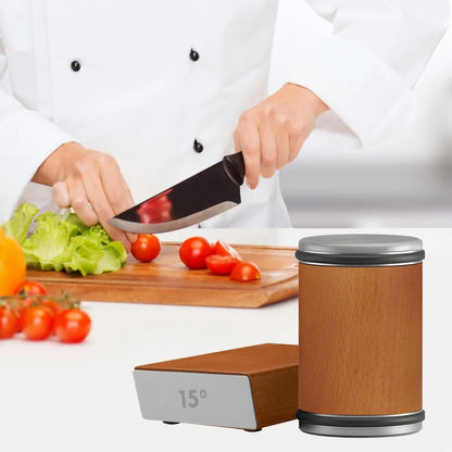 Rolling Knife Sharpener Kit - Compact Wooden Sharpener with 15° & 20° Magnetic Angle | Diamond Disc Knife Honing Tool | Professional Kitchen Use | Safe Sharpening for Home Cooking