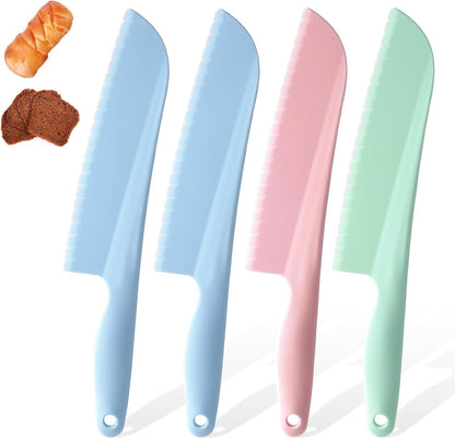 4 Pack Lettuce Knife 11/8.5" Plastic Cake Knifes to Prevent Browning Serrated Kitchen Cutter for Cutting Fruits, Cakes and Bread Dishwashable Safe for Kids Nylon Cutters for Nonstick Pans (Blue, S&L)