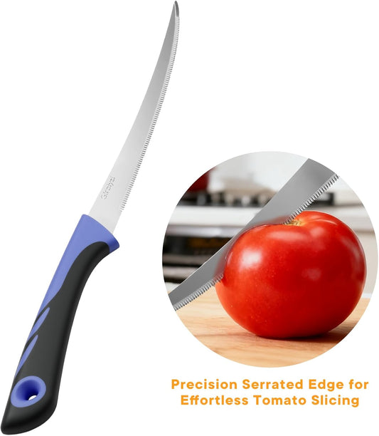 3 Pack Tomato Knife Set, Serrated Stainless Steel Paring Knives – Ultra-Sharp Tomato Slicers with Non-Slip Handles for Fruits, Veggies & Bread