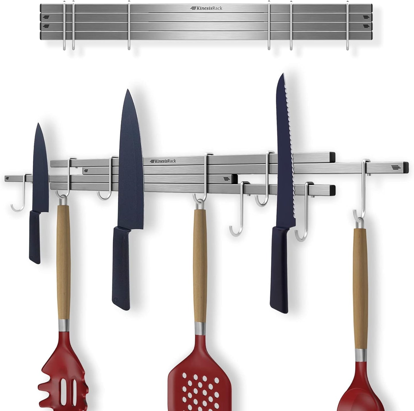 Magnetic Knife Holder for Wall 16 inch Extends up to 30 inches 4 Strip Neodymium Magnetic Rack with 10 Hooks for Kitchen Utensils Organize. No Drill. Tools Holder