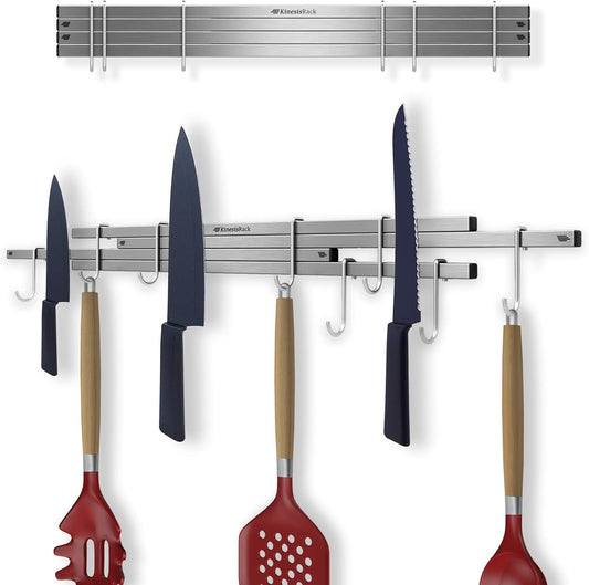 Magnetic Knife Holder for Wall 16 inch Extends up to 30 inches 4 Strip Neodymium Magnetic Rack with 10 Hooks for Kitchen Utensils Organize. No Drill. Tools Holder