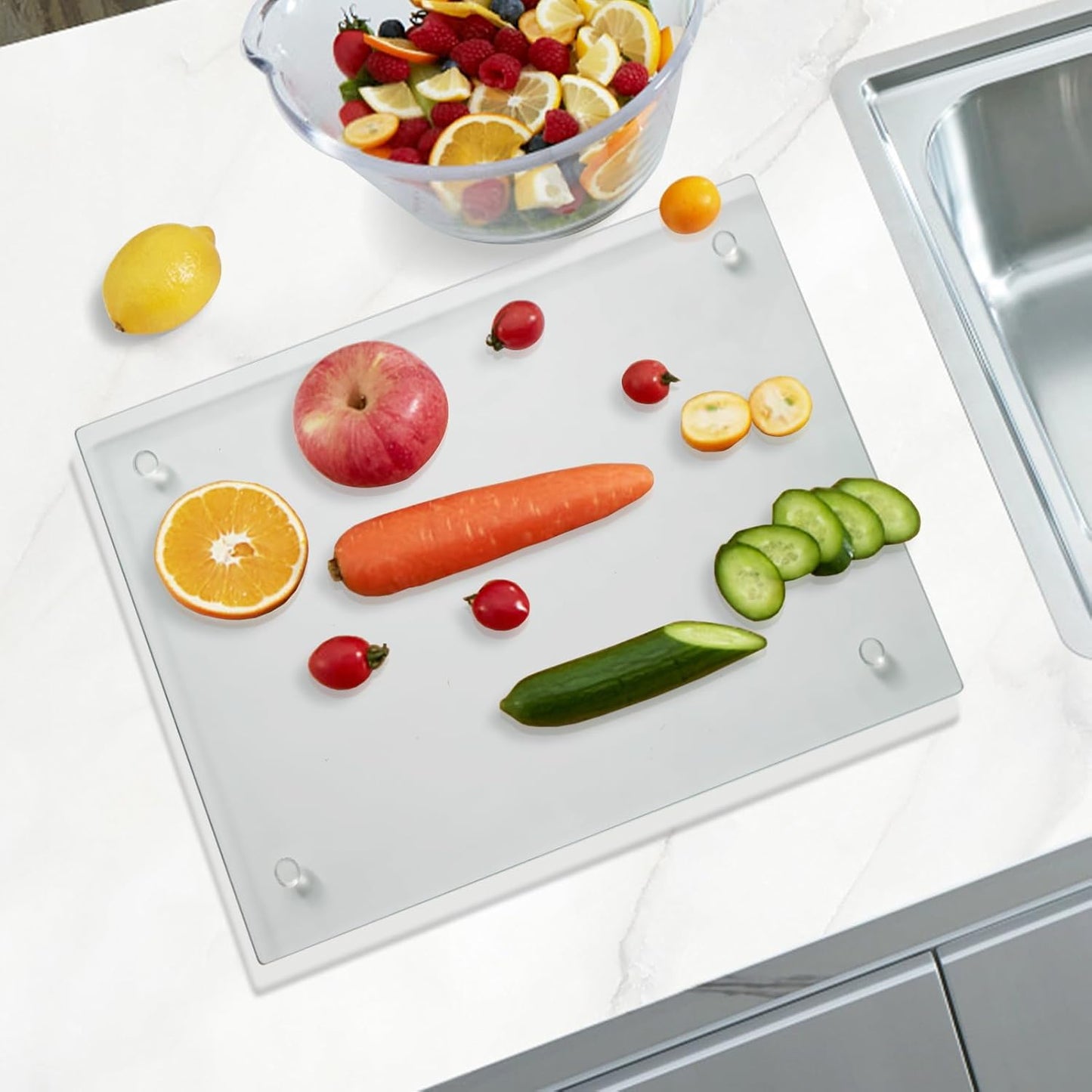 Mymonfif Tempered Glass Cutting Board for Kitchen, Clear Glass Board for Countertop, Heat Resistant, with Non-Slip Feet, 12x16" & 12x8" 2 Pcs Clear