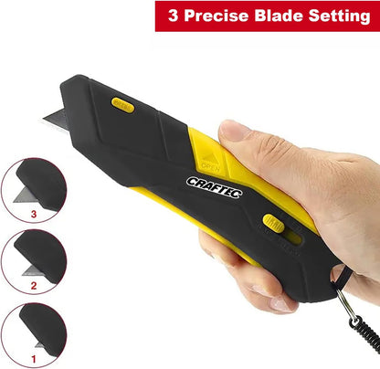 Craftec Retractable Utility Knife Box Cutter with Holster & Lanyard - The Ultimate Tool for Precise Cuts, 3 Blade Settings, Ergonomic Design, Left & Right Hand Friendly, Quick Blade Change CT5 (Blue)