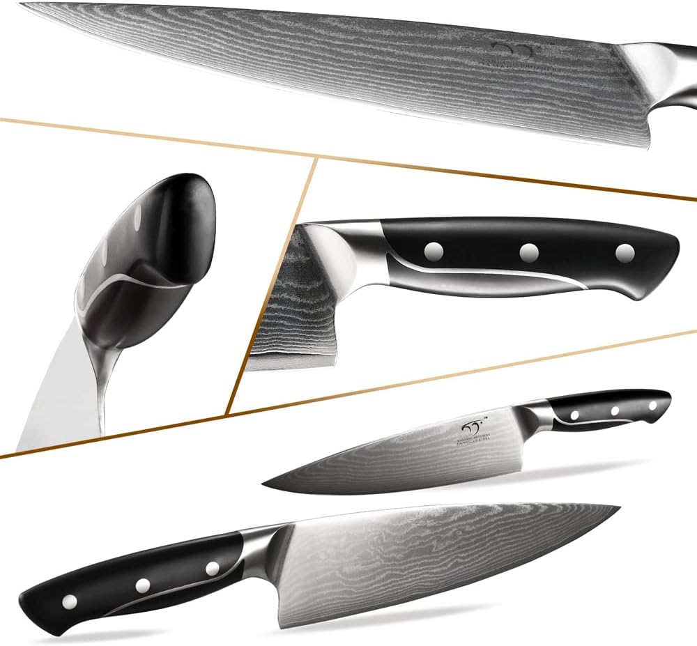 18 Pieces Damascus Kitchen Knife Set, 8 Piece Steak Knives, Non-slip ABS Ergonomic Triple Rivet Handle for Meat Fork, Knife Sharpener and Shears, 17 Slots Fraxinus Manchuria Knife Block (Grey)