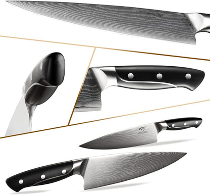 18 Pieces Damascus Kitchen Knife Set, 8 Piece Steak Knives, Non-slip ABS Ergonomic Triple Rivet Handle for Meat Fork, Knife Sharpener and Shears, 17 Slots Fraxinus Manchuria Knife Block (Grey)