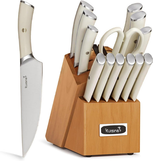 KUISINE Upgraded Chef Knife Set,High Carbon Stainless Steel Ultra Sharp Blade Ergonomic Handle,Kitchen Knife Block Set with Built-in Sharpener,Elegant Gift for Holiday(Silver Black,15PCS)