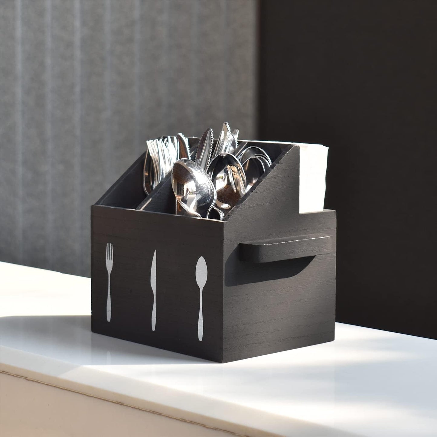 Ikee Design Wooden Utensil Caddy with Handles, Silverware Caddy, Silverware Holder for Countertop,Party,Camping and Kitchen, Organizer, Picnic Cutlery Holders, Black Color