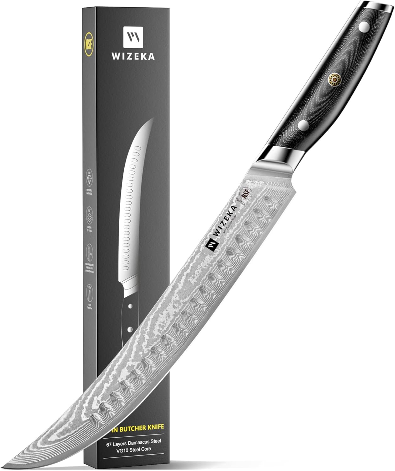 WIZEKA 10 inch Damascus Serrated Bread Knife for Homemade Bread: Razor Sharp VG10 Damascus Steel Multifunction Serrated Knife for Slicing Homemade Bread, Bagels, Cake