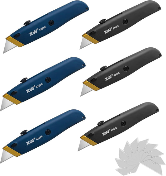XW Retractable Utility Knife, Box Cutter Set for Cartons with Quick Blade Change, Extra 10 Blades Included, 6-Pack