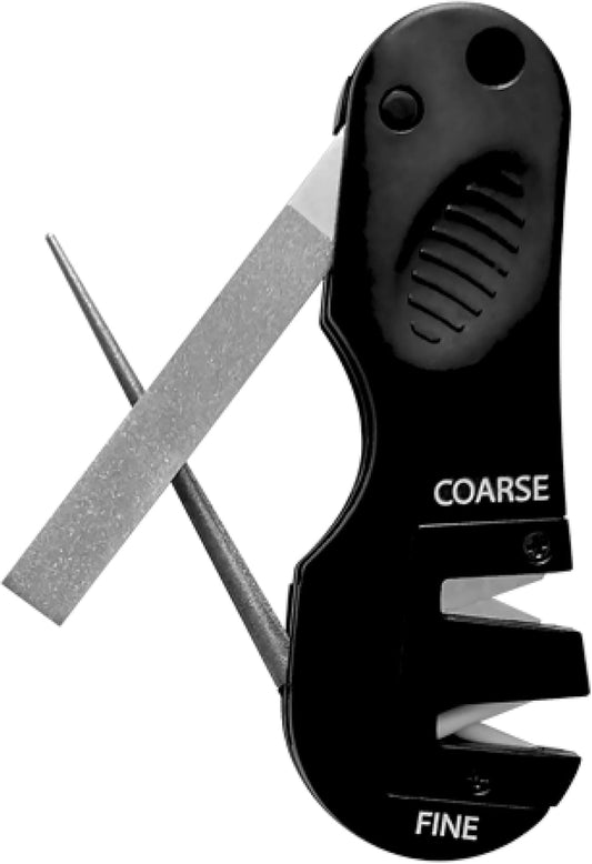AccuSharp 4-in-1 Knife & Tool Sharpener, Coarse Tungsten Carbide Sharpening Blade & Ceramic Rod with Retractable Diamond-Tapered Rod for Knives, Fish Hooks & Tools, Black