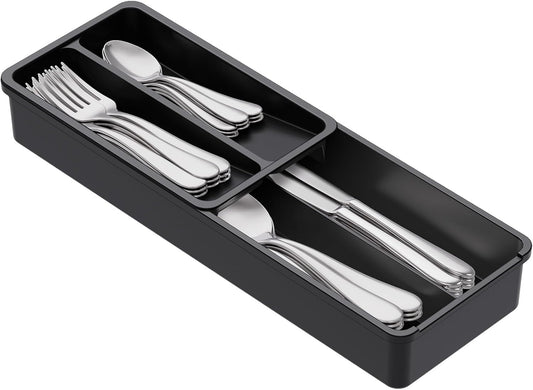 Lifewit Compact Silverware Organizer for Kitchen Drawer, Narrow Flatware Tray Holder, Plastic Cutlery Spoons, Forks and Knives Storage, White&Gray, 1 Pack