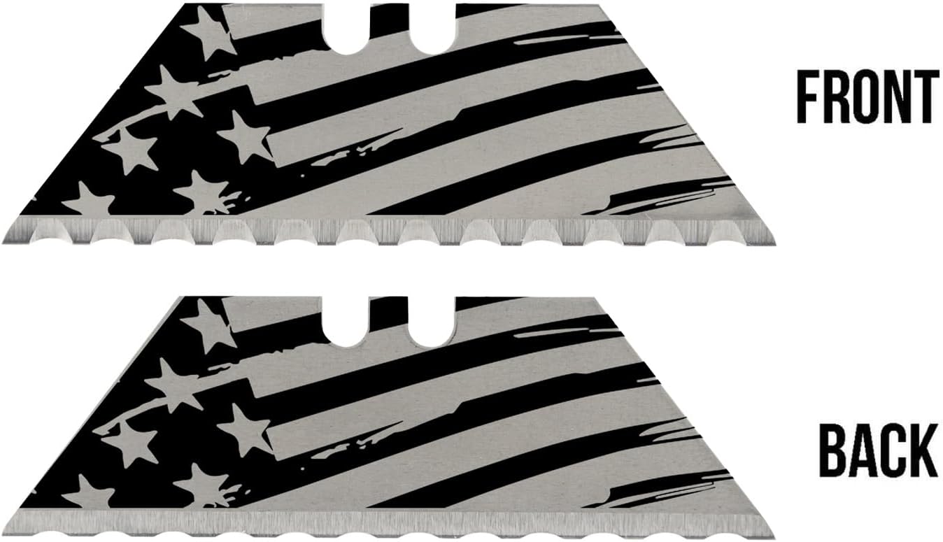 NDZ Performance Serrated Steel Blade Replacement for Utility Knife & Box Cutters, Custom Double Sided Laser Engraved Designs, Silver - Skull - 3 Pack