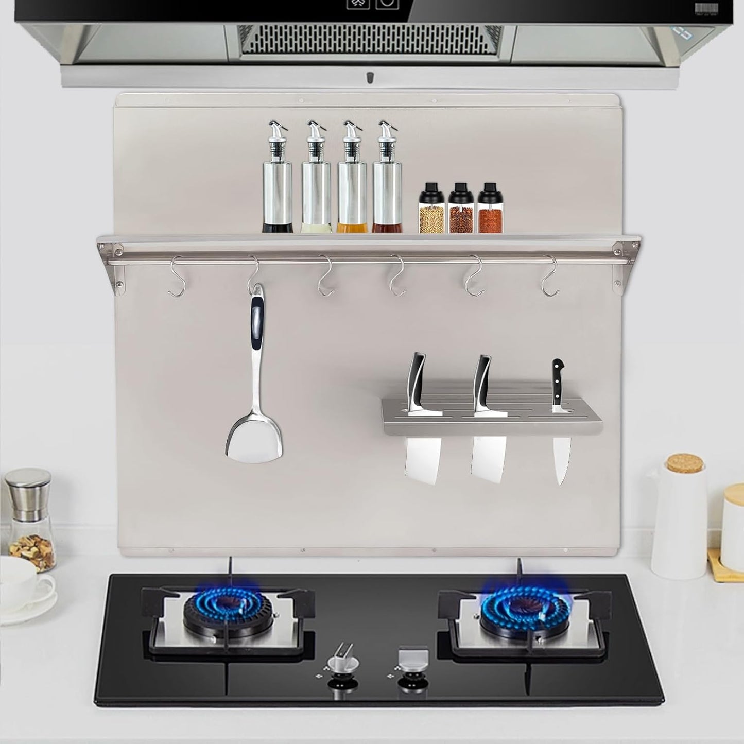 29.5x29.5 In Stainless Steel Range Backsplash with Shelf, Knife Rack, Hooks & Crossbar, Silver Splash Plate for Range Hood, Wall Mounted, Model: dbf6bcd2-8c68-4117-9b2b-8ed5c9e043a2