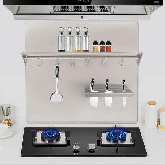 29.5x29.5 In Stainless Steel Range Backsplash with Shelf, Knife Rack, Hooks & Crossbar, Silver Splash Plate for Range Hood, Wall Mounted, Model: dbf6bcd2-8c68-4117-9b2b-8ed5c9e043a2