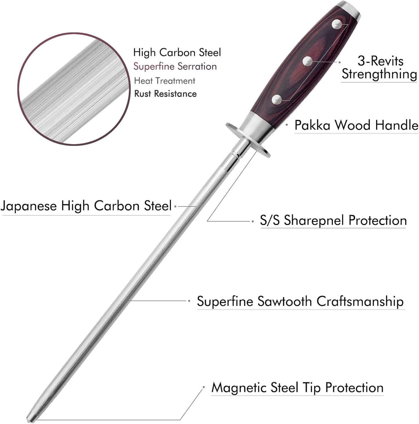 10 inch Honing Steel with Pakkawood Handle, Knife Sharpener Rod, Professional Knife Sharpening Steel