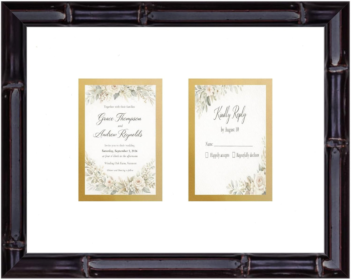 CountryArtHouse Heirloom 3.5x5 Enclosure Invitation and RSVP Keepsake Frame in Brown Genuine Hardwood 13.5x10.75 Artisan-Cut Double Mat White Paired With Metallic Gold Timeless Display