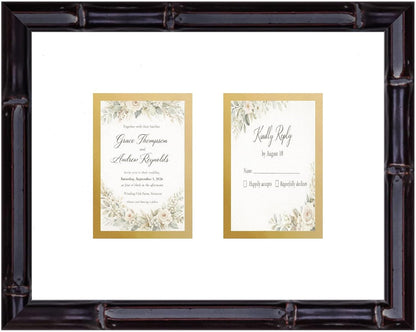 CountryArtHouse Heirloom 3.5x5 Enclosure Invitation and RSVP Keepsake Frame in Brown Genuine Hardwood 13.5x10.75 Artisan-Cut Double Mat White Paired With Metallic Gold Timeless Display
