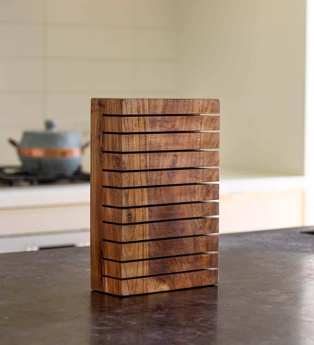 Vivaterra Acacia Wood Horizontal 10-Knife Block, 7”L x 3”W x 10.75”H, 10 Slot Kitchen Knife Holder, Universal Knife Block, Wooden Knife Holder for Kitchen Counter