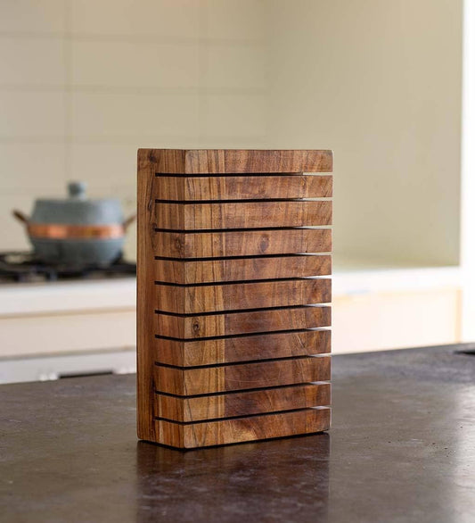 Vivaterra Acacia Wood Horizontal 10-Knife Block, 7”L x 3”W x 10.75”H, 10 Slot Kitchen Knife Holder, Universal Knife Block, Wooden Knife Holder for Kitchen Counter