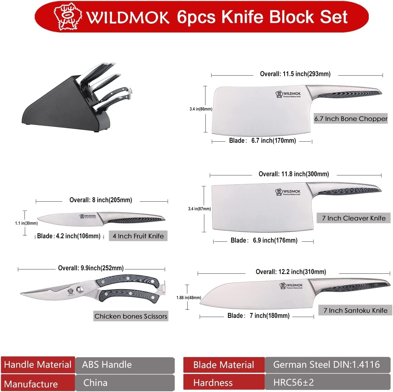 WILDMOK 3pcs Knife Set Stainless Steel Kitchen Knives Set 7inch Bone Chopper 7inch Nakiri Knife and 5inch Utility Cutter with Stainless Steel & ABS Handle, Perfect Cutlery Set Gift
